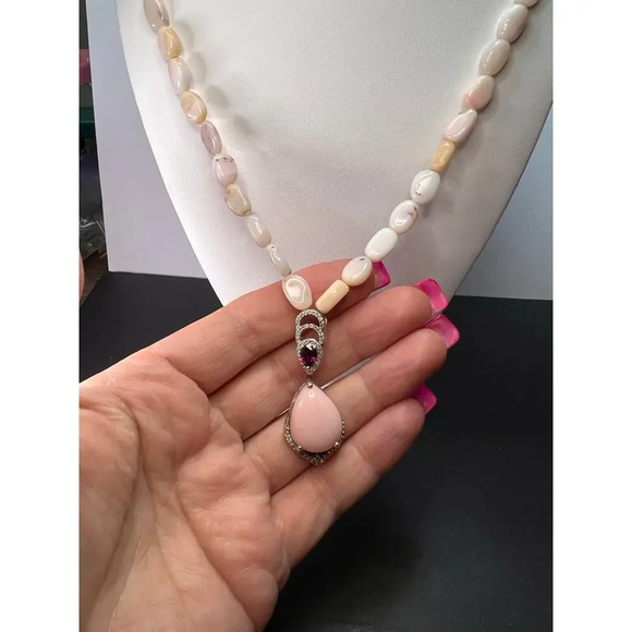 Peruvian pink opal and raspberry rhodolite garnet sterling silver necklace - Picture 9 of 9